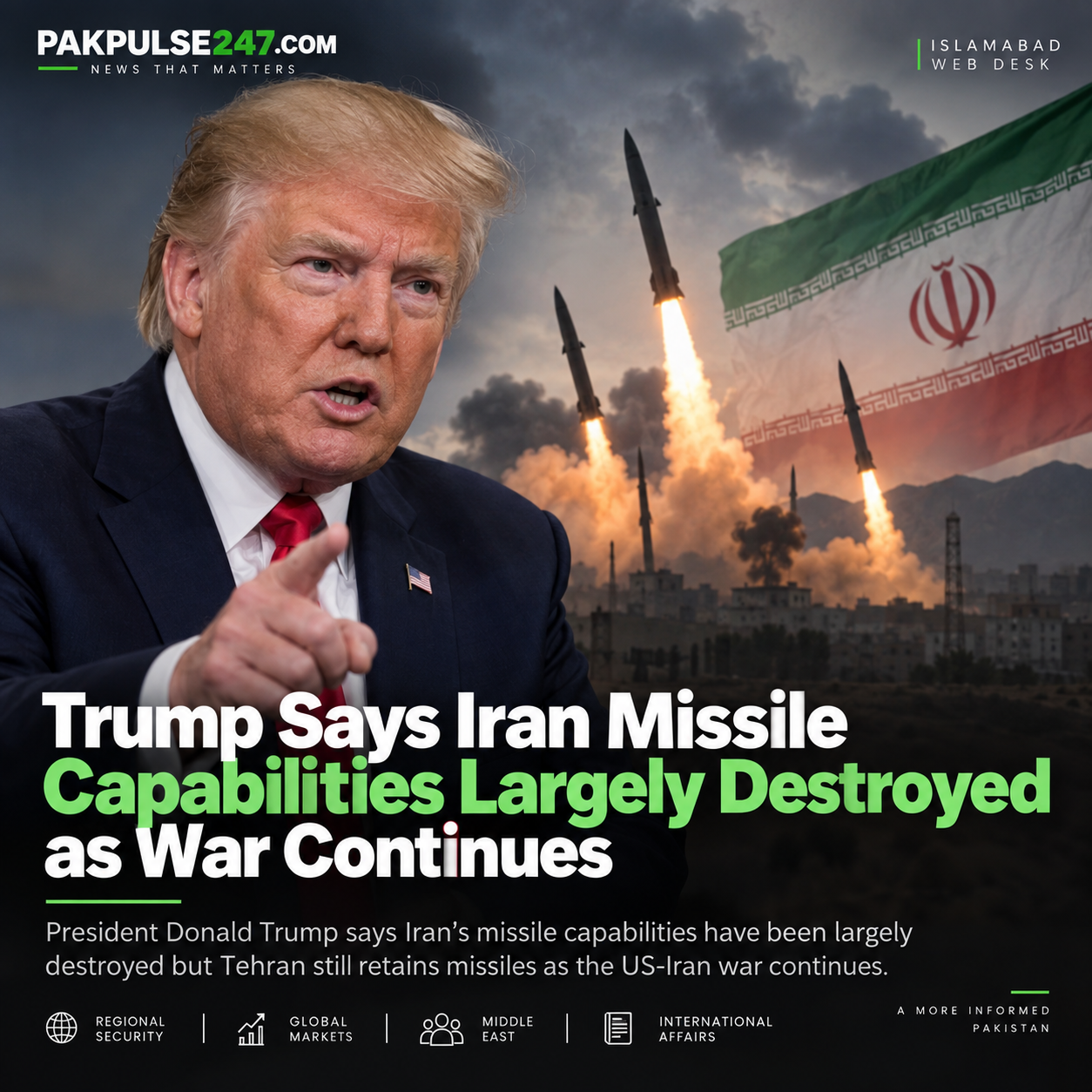 Trump Says Iran Missile Capabilities Largely Destroyed as War Continues