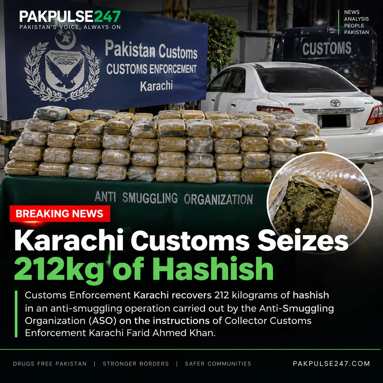 Karachi Customs Seizes 212kg of Hashish in Major Anti-Smuggling Operation