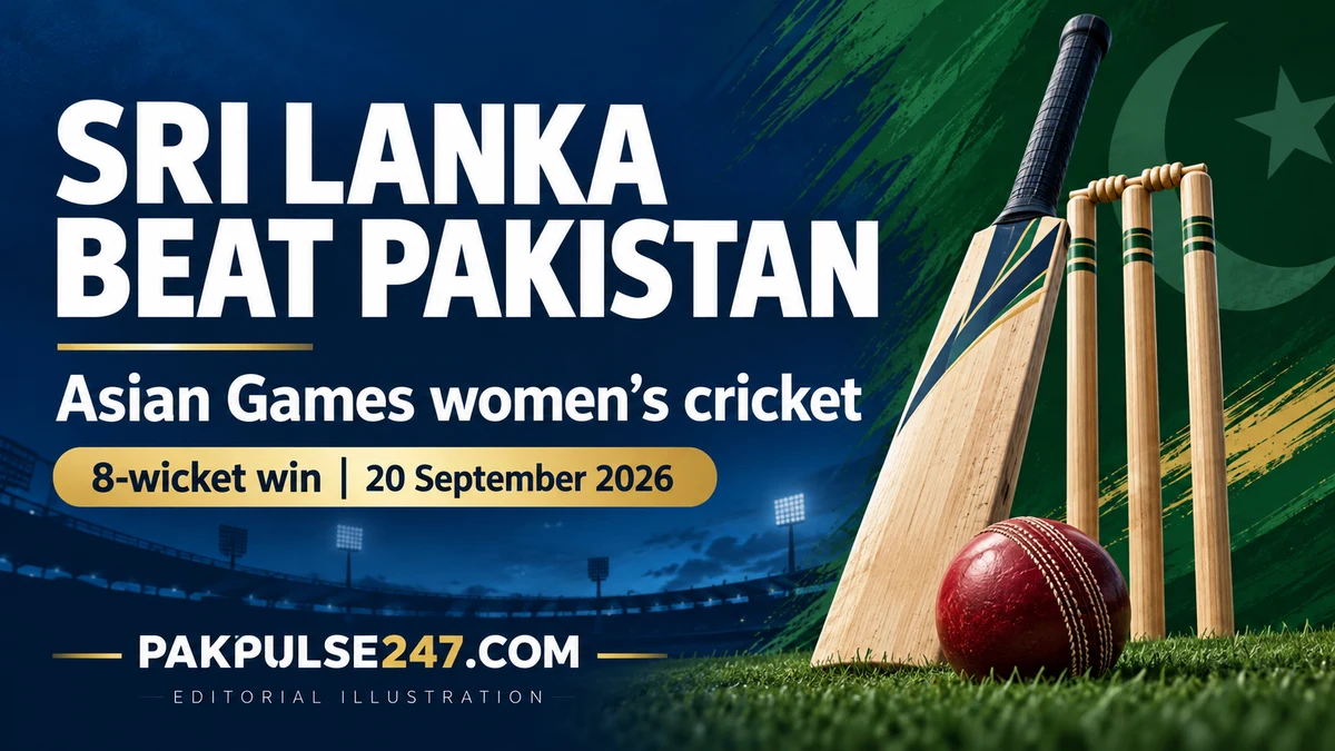 Editorial cricket illustration with Sri Lanka-Pakistan result and PAKPULSE247.COM branding.