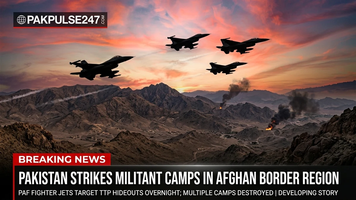 Editorial illustration of fighter jets over mountainous terrain reporting Pakistan airstrikes in Afghan border region with PAKPULSE247.COM branding.