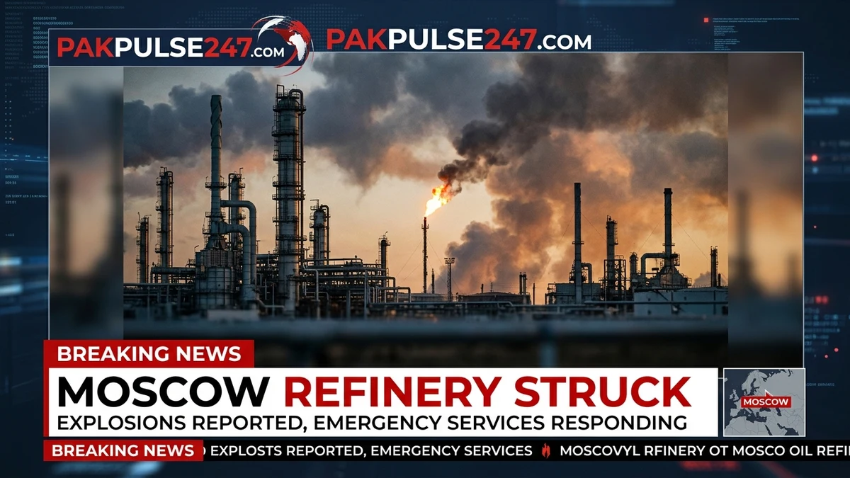 Editorial news graphic reporting a Ukrainian drone strike on Gazprom Neft Moscow Oil Refinery with PAKPULSE247.COM breaking news branding.