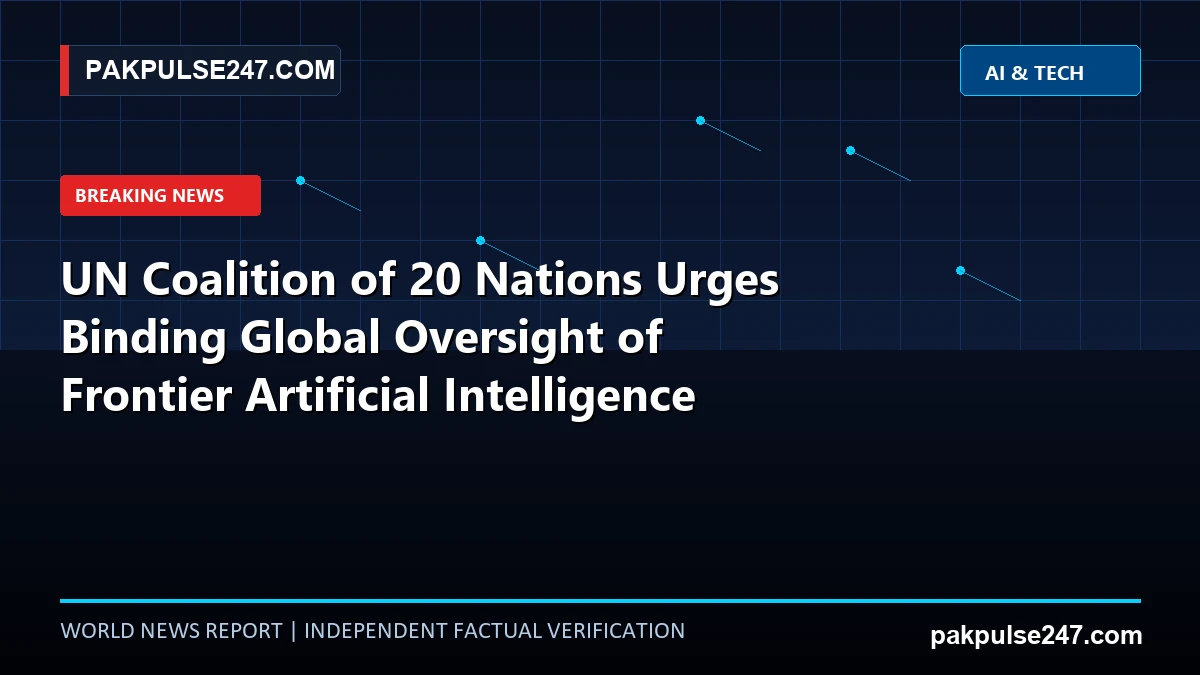 Editorial news graphic showing UN General Assembly digital governance backdrop with PAKPULSE247.COM breaking news branding.