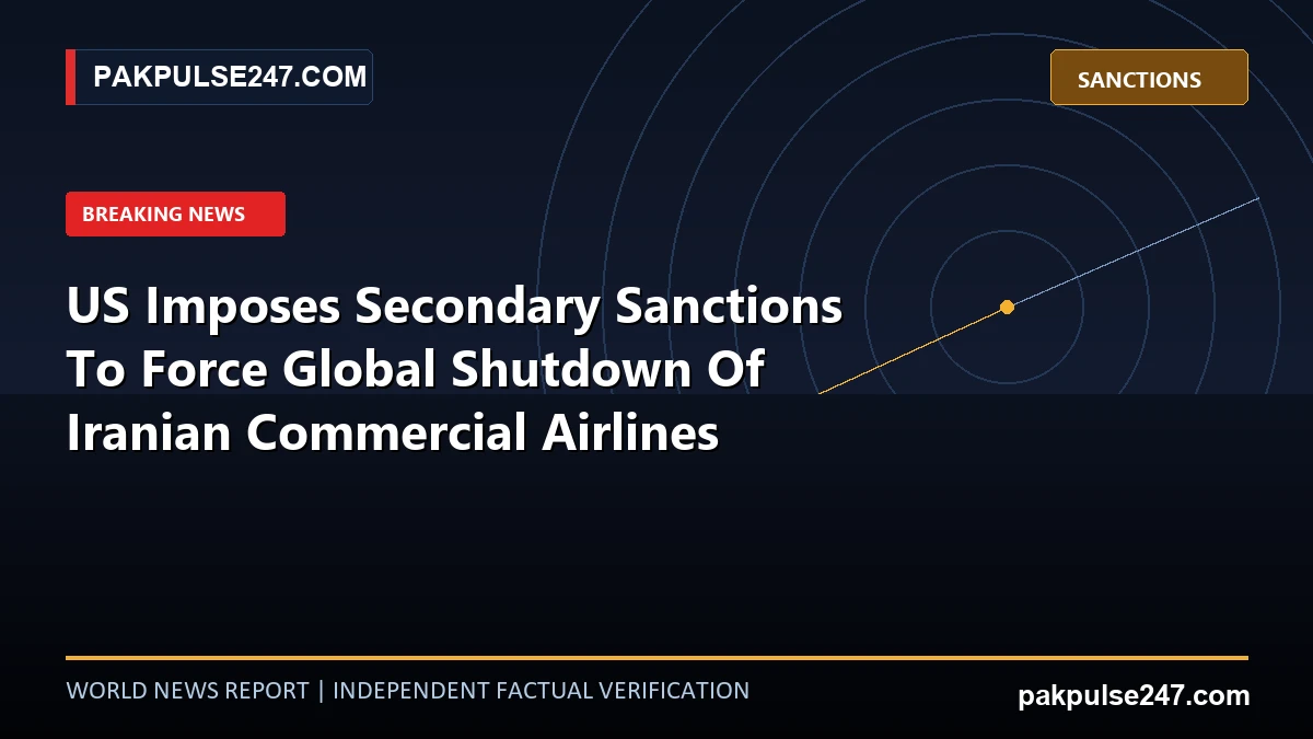 Editorial news graphic showing commercial aviation flight routes and global sanctions theme with PAKPULSE247.COM breaking news branding.
