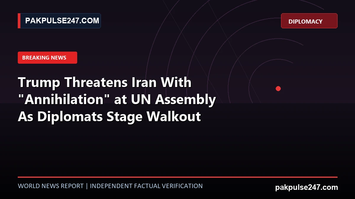 Editorial news graphic showing UN General Assembly hall backdrop with PAKPULSE247.COM breaking news branding.