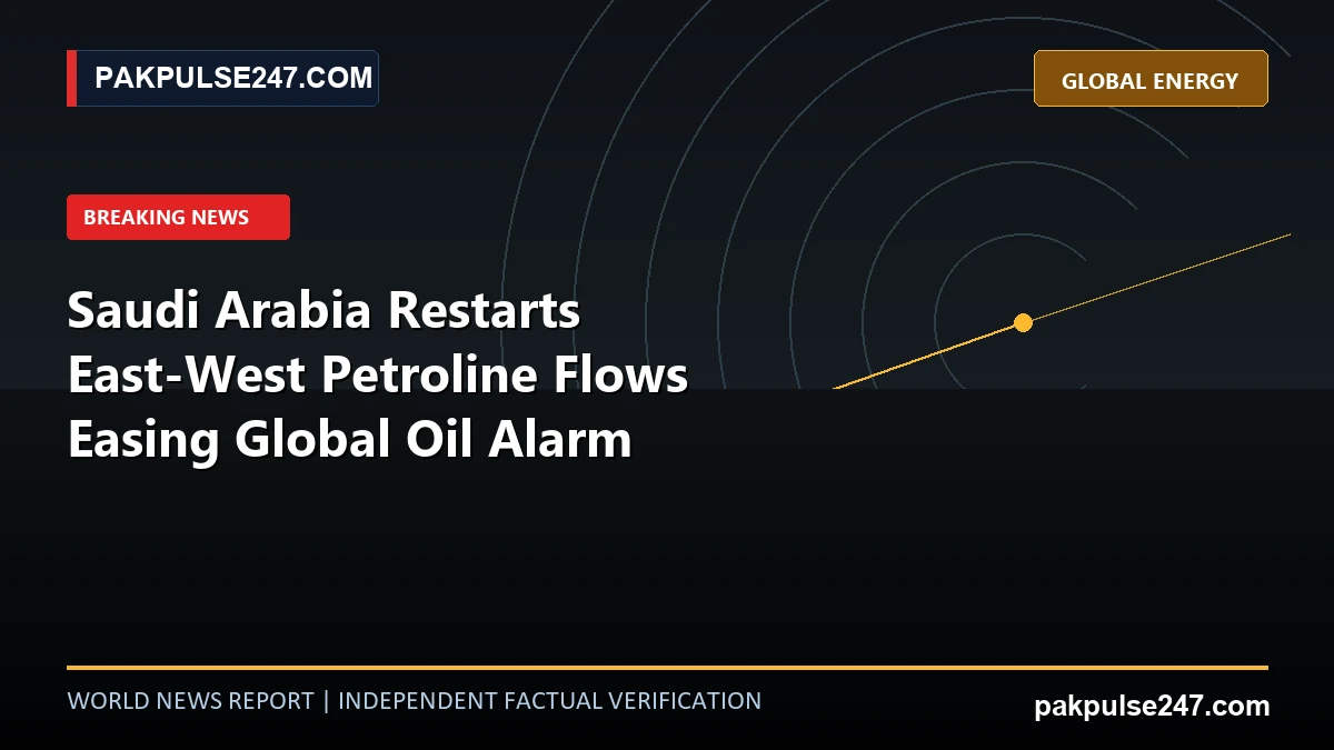 Editorial news graphic showing oil pipeline infrastructure and Red Sea shipping route with PAKPULSE247.COM global energy branding.