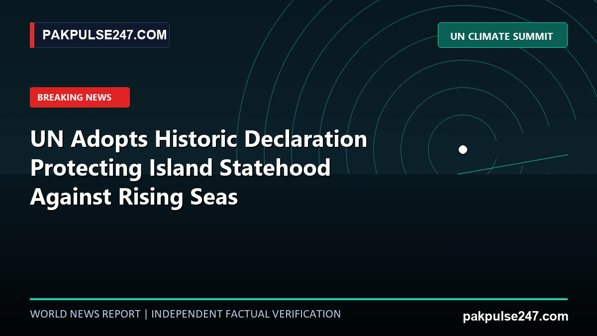 Editorial news graphic displaying ocean wave contours and United Nations diplomatic assembly insignia with PAKPULSE247.COM climate report branding.