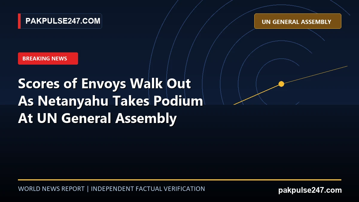 Editorial news graphic showing United Nations General Assembly hall geometry with PAKPULSE247.COM breaking news branding.