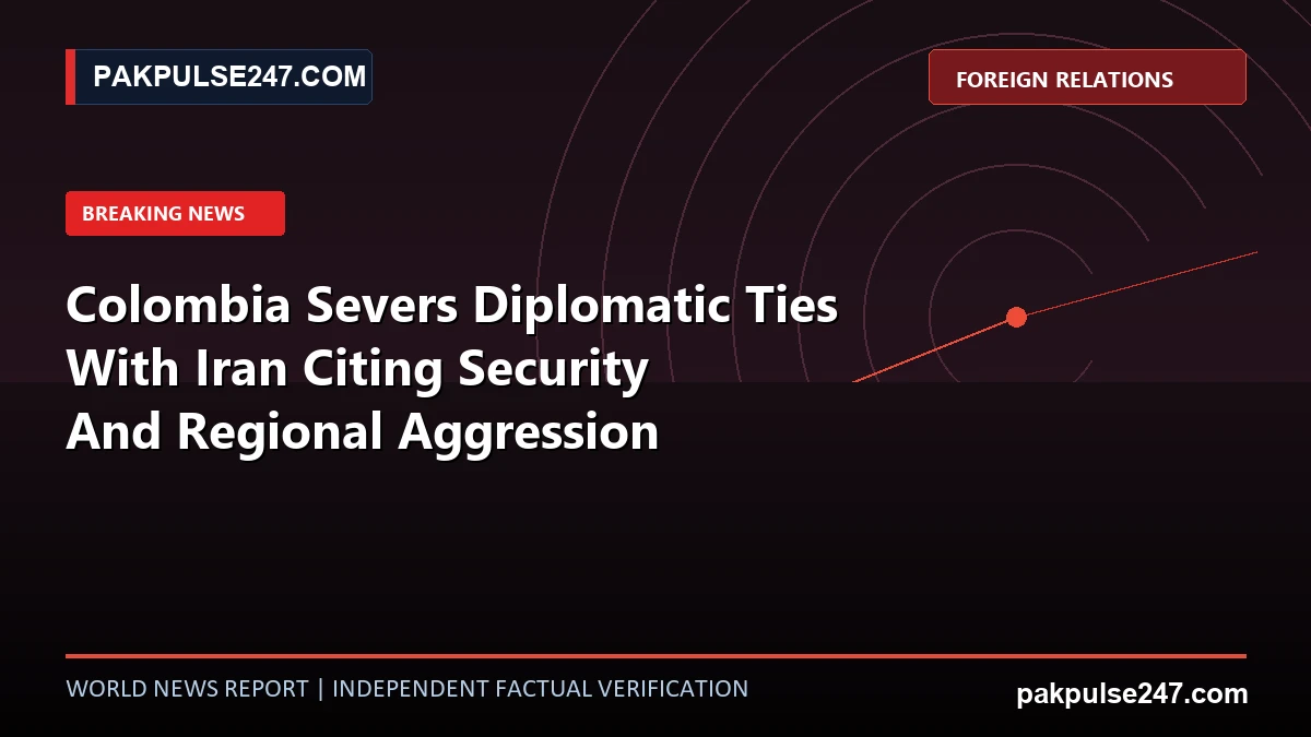 Editorial diplomatic graphic showing Colombian foreign policy emblem with PAKPULSE247.COM breaking news branding.