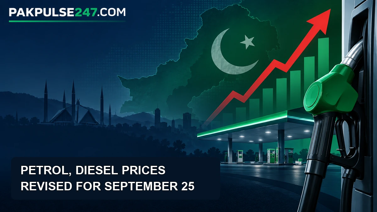 Editorial graphic illustrating Pakistan fuel price update with PAKPULSE247.COM branding.