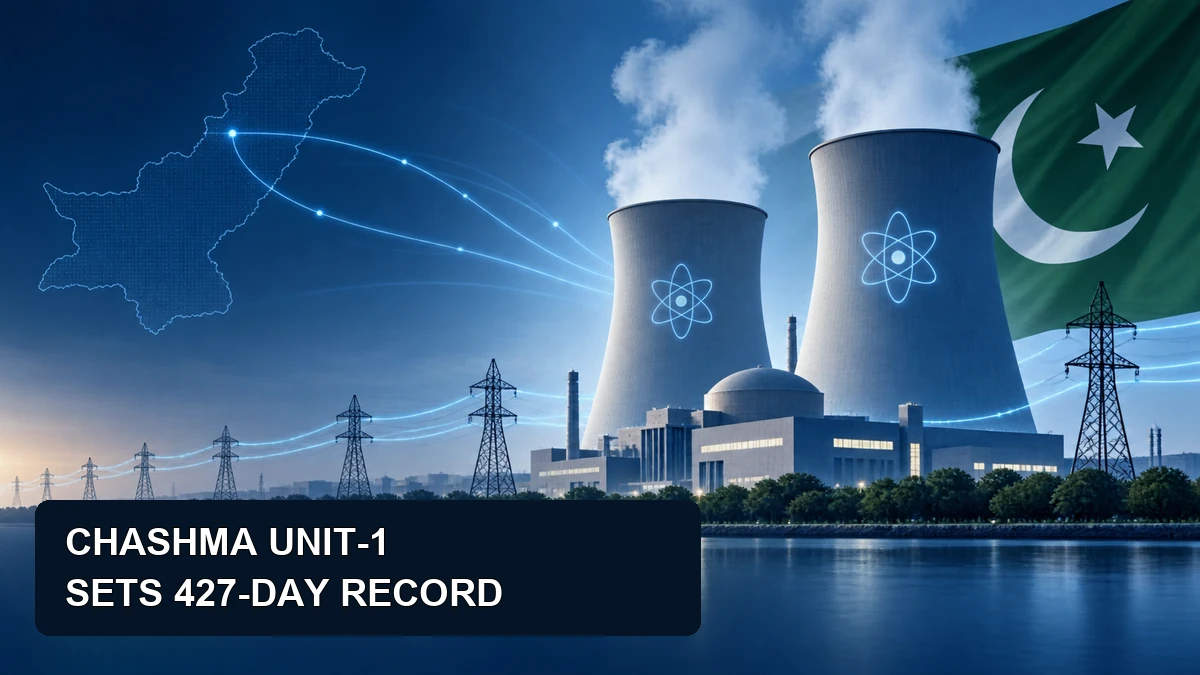 Editorial illustration of nuclear power and Pakistan energy grid with PAKPULSE247.COM branding.
