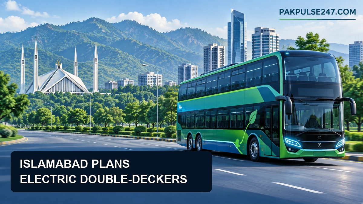 Editorial illustration of an electric double-decker bus in Islamabad with PAKPULSE247.COM branding.
