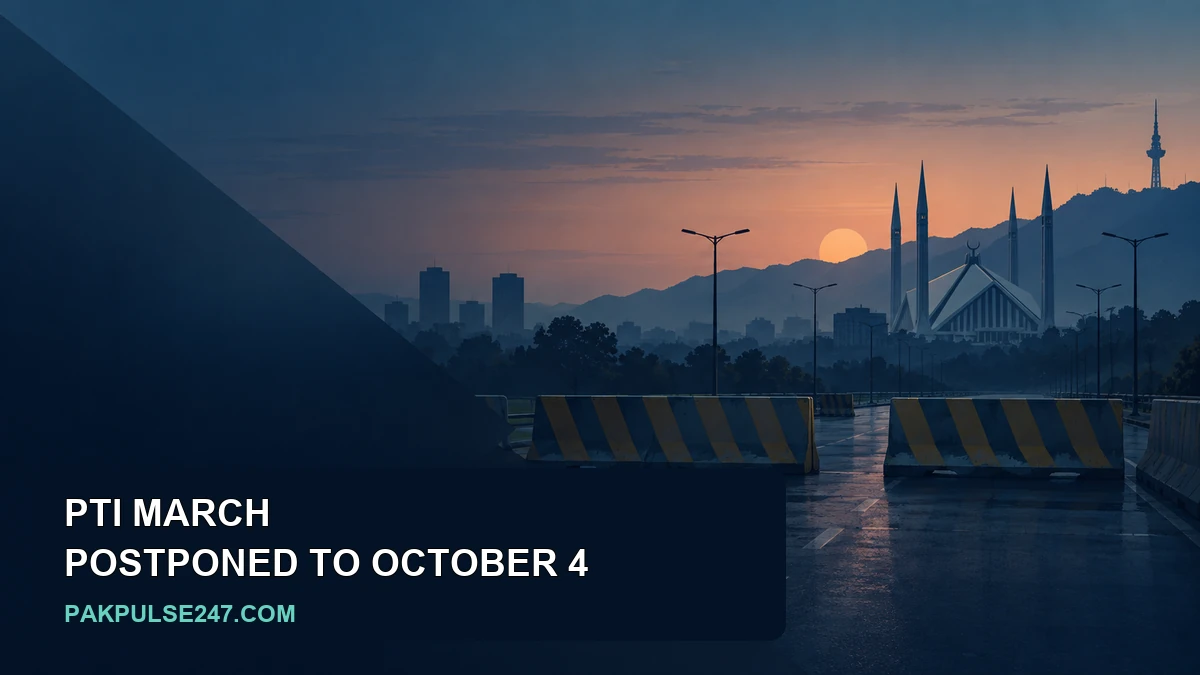 Editorial illustration of Islamabad and road barriers for PTI march postponement coverage.