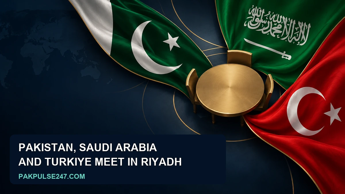Editorial illustration of Pakistan, Saudi Arabia and Turkiye flags for Riyadh defence meeting coverage.