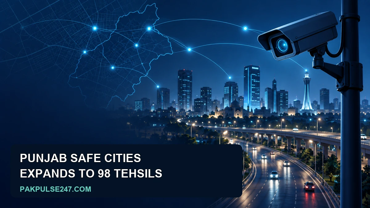 Editorial graphic of a city camera and network lines for Punjab Safe Cities expansion coverage.