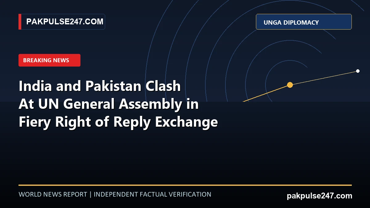 Editorial news graphic displaying UN General Assembly diplomatic rostrum vectors with PAKPULSE247.COM world news branding.