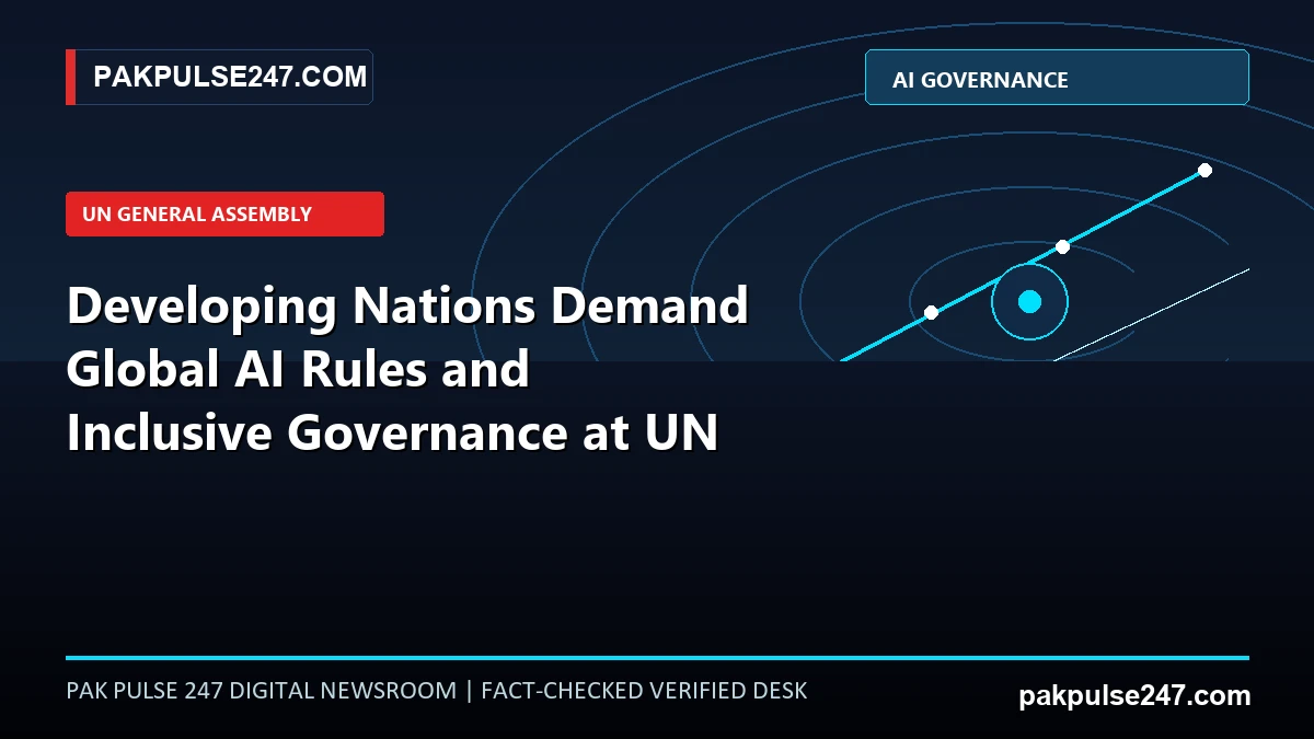 Editorial graphic depicting global artificial intelligence multilateral governance networks and UN telemetry with PAKPULSE247.COM branding.