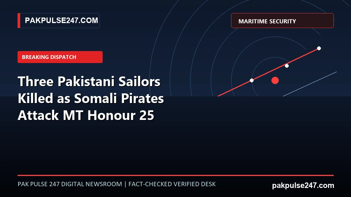Editorial graphic depicting MT Honour 25 maritime incident, Gulf of Aden security vectors, and PAKPULSE247.COM branding.