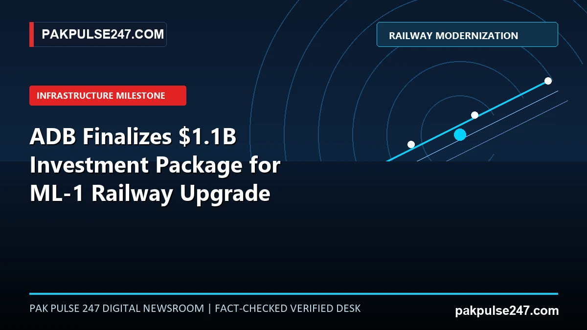 Editorial graphic illustrating high-speed railway modernization telemetry, ML-1 Karachi-Rohri corridor, and PAKPULSE247.COM branding.