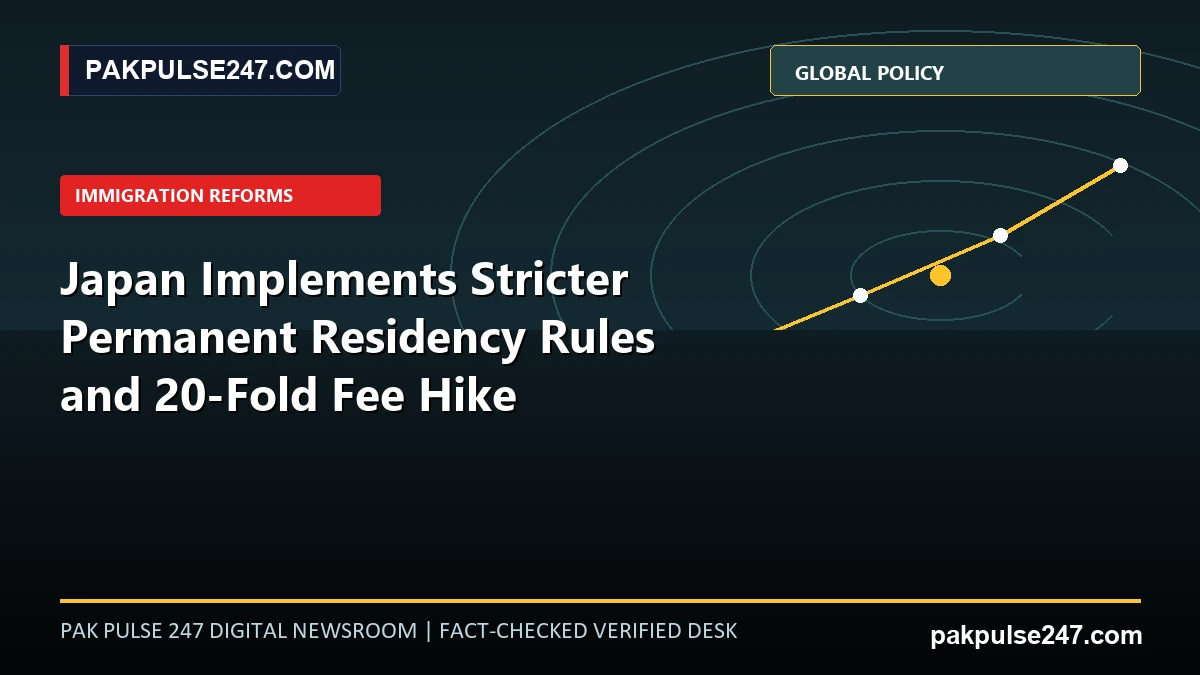 Editorial graphic illustrating Japanese immigration policy metrics, economic criteria thresholds, and PAKPULSE247.COM branding.