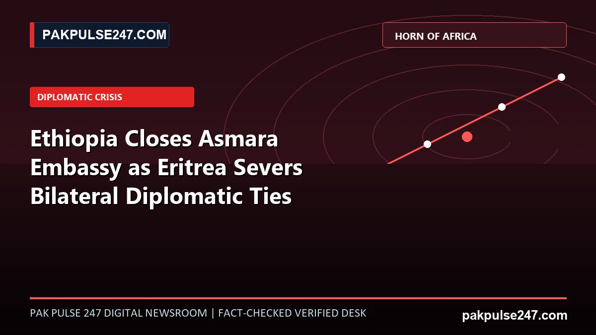 Editorial graphic illustrating Ethiopia-Eritrea diplomatic border fracture vectors, embassy status indicators, and PAKPULSE247.COM branding.