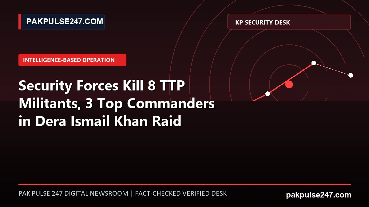 Editorial graphic illustrating Pakistani security forces intelligence-based operation against TTP commanders in Dera Ismail Khan and PAKPULSE247.COM branding.