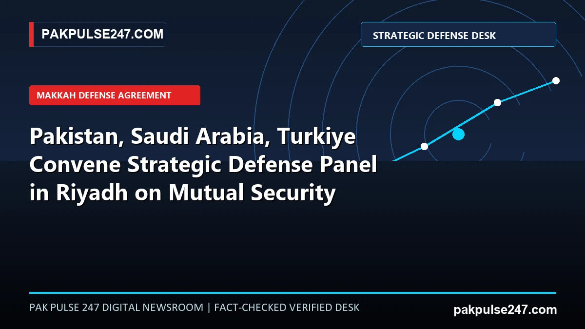 Editorial graphic illustrating Pakistan, Saudi Arabia, and Turkiye strategic defense committee consultations in Riyadh under the Makkah defense pact with PAKPULSE247.COM branding.