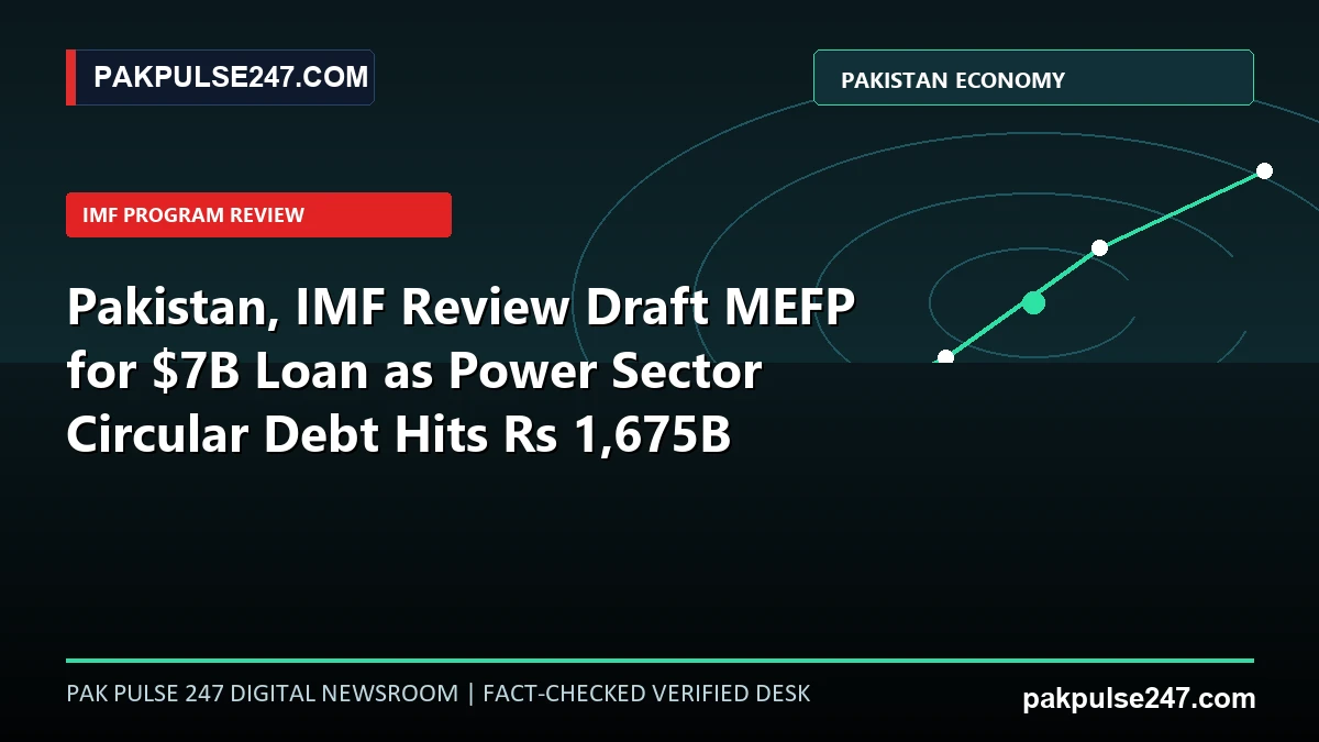 Editorial graphic illustrating Pakistan and IMF fourth review draft MEFP negotiations and power sector circular debt figures with PAKPULSE247.COM branding.