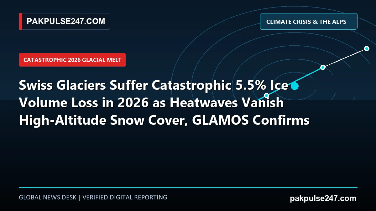 Editorial graphic illustrating severe Swiss Alpine glacial retreat and GLAMOS 2026 climate findings with PAKPULSE247.COM branding.
