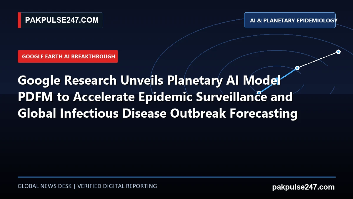 Editorial graphic illustrating Google Research Population Dynamics Foundation Model and disease outbreak forecasting with PAKPULSE247.COM branding.