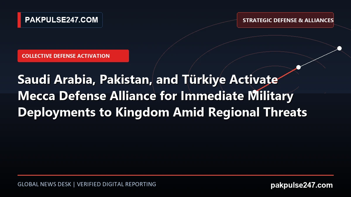 Editorial graphic illustrating activation of Mecca Defense Alliance between Saudi Arabia, Pakistan, and Türkiye with PAKPULSE247.COM branding.