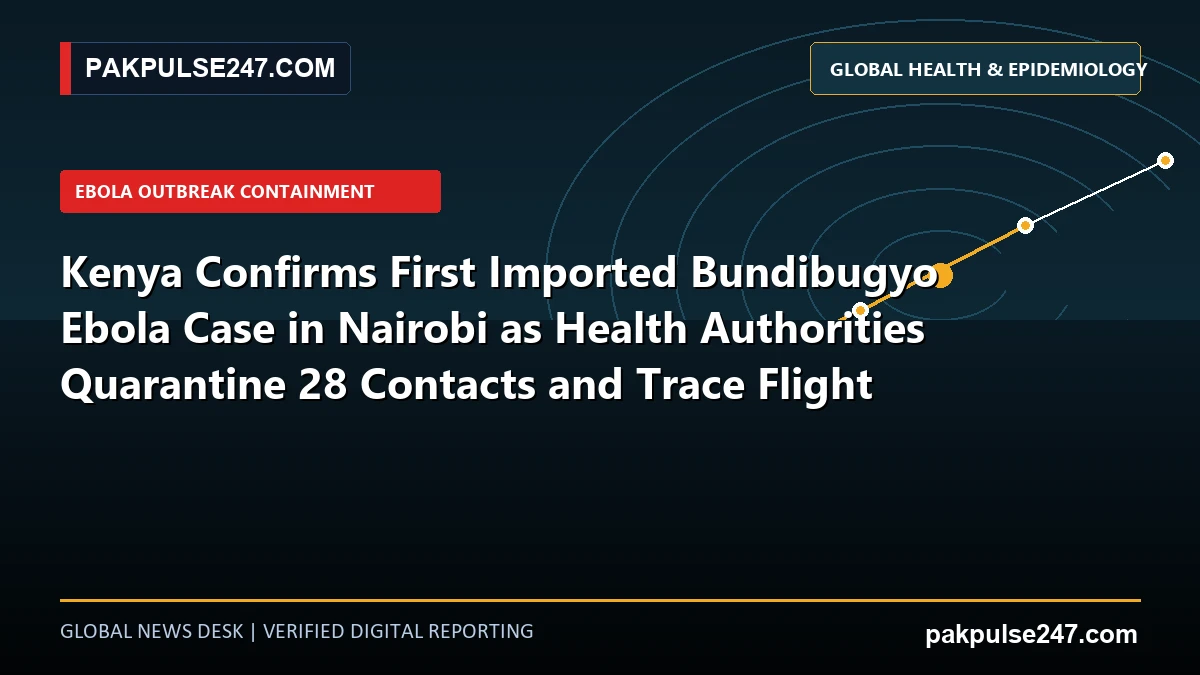 Editorial graphic illustrating Kenya confirming imported Bundibugyo Ebola case in Nairobi with PAKPULSE247.COM branding.
