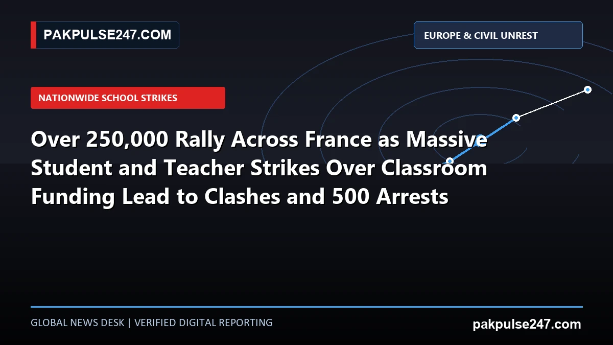Editorial graphic illustrating massive nationwide student and teacher strikes across France with PAKPULSE247.COM branding.