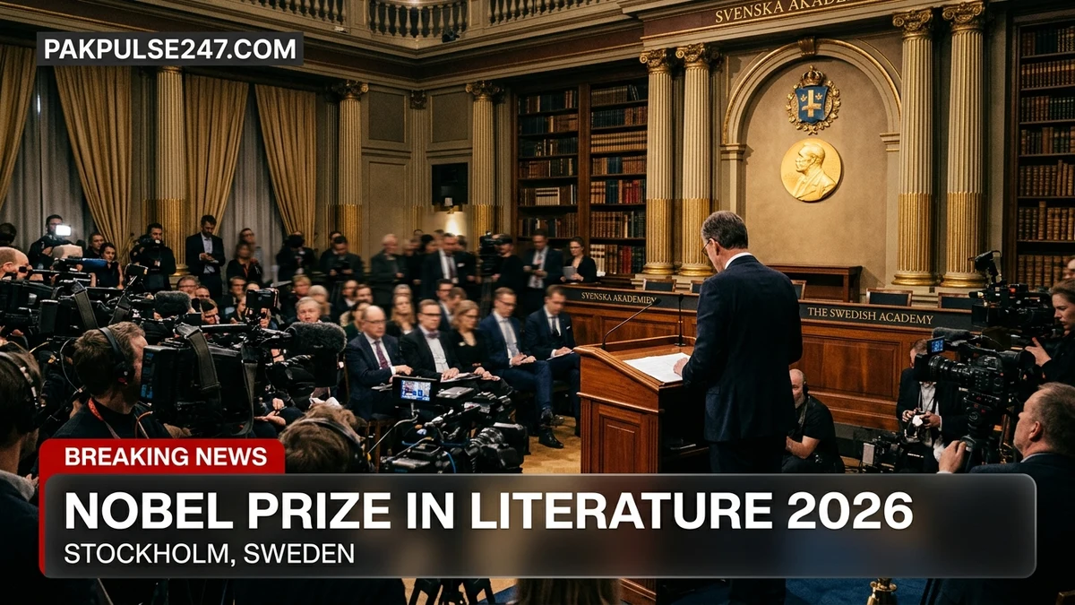 Editorial graphic illustrating the 2026 Nobel Prize in Literature announcement at Swedish Academy in Stockholm with PAKPULSE247.COM branding.