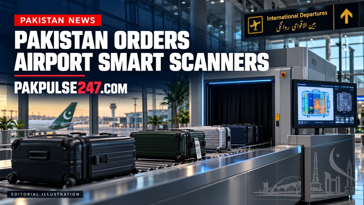 Editorial illustration of airport luggage screening equipment with Pakistan smart-scanner headline and PAKPULSE247.COM branding.