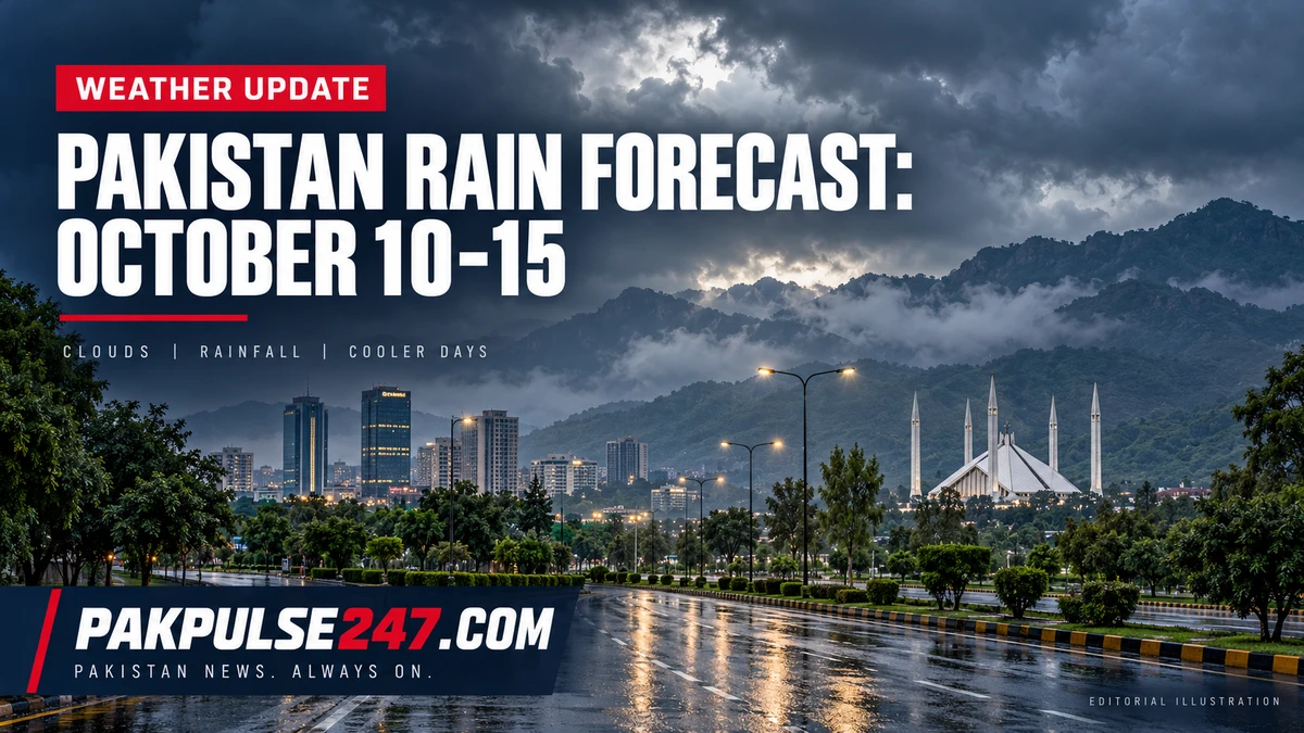 Editorial weather illustration of rain clouds over a Pakistani urban street with October 10-15 forecast headline and PAKPULSE247.COM branding.