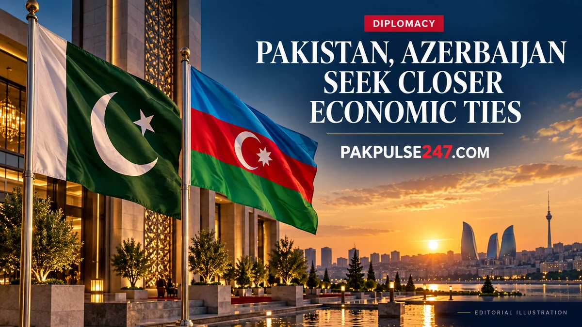Editorial illustration of Pakistan and Azerbaijan flags outside a conference venue with economic cooperation headline and PAKPULSE247.COM branding.