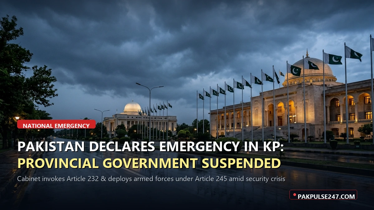 Pakistan declares emergency in Khyber Pakhtunkhwa Parliament House Islamabad pakpulse247 news graphic