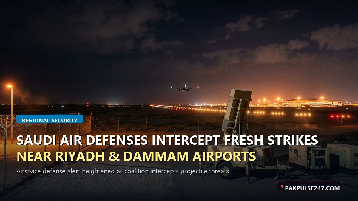 Saudi air defenses intercept fresh missile drone strikes near Riyadh Dammam airports pakpulse247 news graphic