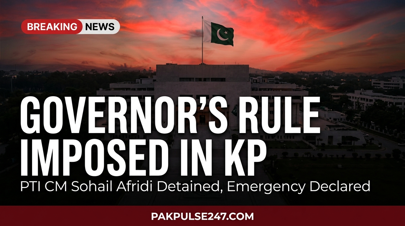 Editorial graphic showing Pakistan Parliament House in Islamabad at dusk with Pakistani flag and PAKPULSE247.COM breaking news branding on Governor's Rule in KP.