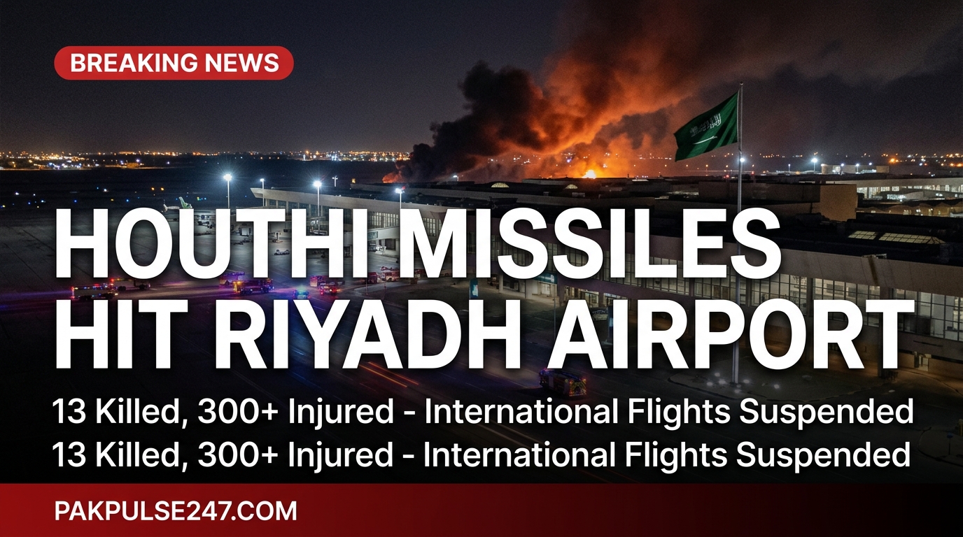 Cinematic nighttime editorial graphic showing a large international airport with fire and smoke in the sky and PAKPULSE247.COM breaking news branding on Houthi missile strikes at Riyadh airport.