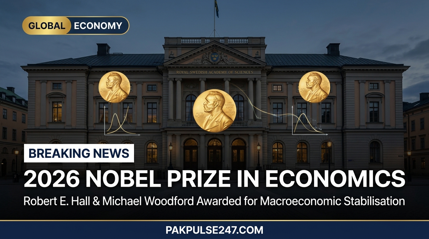 Editorial newsroom graphic showing the Royal Swedish Academy of Sciences in Stockholm with Nobel medal emblems and PAKPULSE247.COM branding on the 2026 Nobel Prize in Economics.