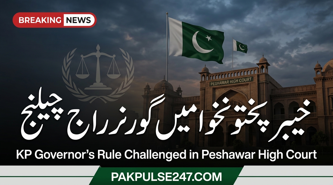 پشاور ہائیکورٹ کی عمارت اور خیبر پختونخوا میں گورنر راج کے نفاذ کے خلاف دائر آئینی درخواست پر پاک پلس 247 کا بریکنگ نیوز ایڈیٹوریل گرافک