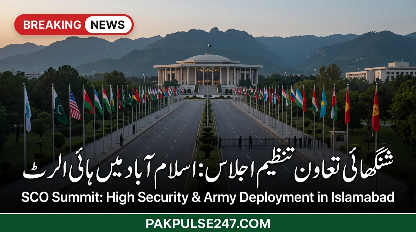 اسلام آباد میں شنگھائی تعاون تنظیم کے سربراہی اجلاس کے سکیورٹی انتظامات، جناح کنونشن سینٹر اور رکن ممالک کے پرچموں پر مشتمل پاک پلس 247 کا بریکنگ نیوز گرافک