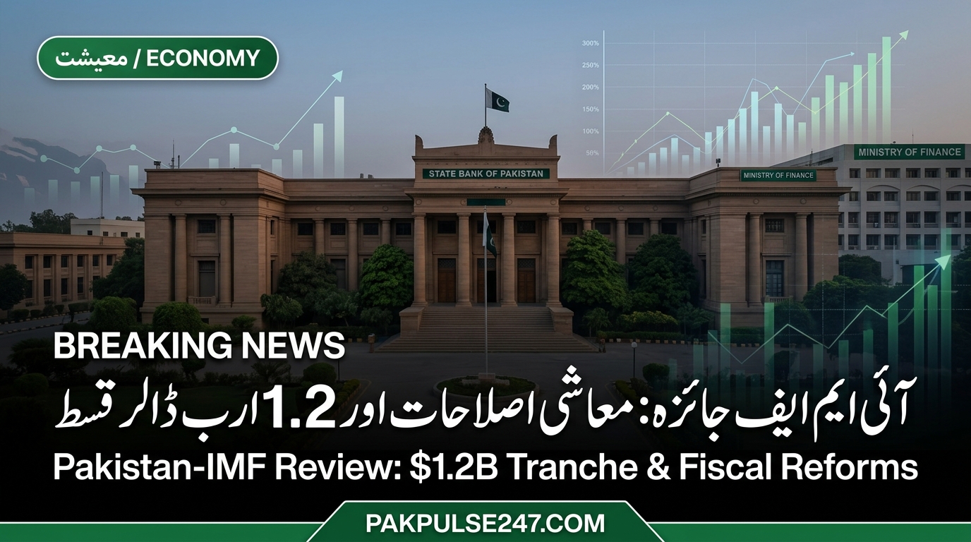 اسٹیٹ بینک آف پاکستان اور وزارت خزانہ کی عمارت، آئی ایم ایف جائزہ مذاکرات اور 1.2 ارب ڈالر قسط پر پاک پلس 247 کا بریکنگ نیوز ایڈیٹوریل گرافک