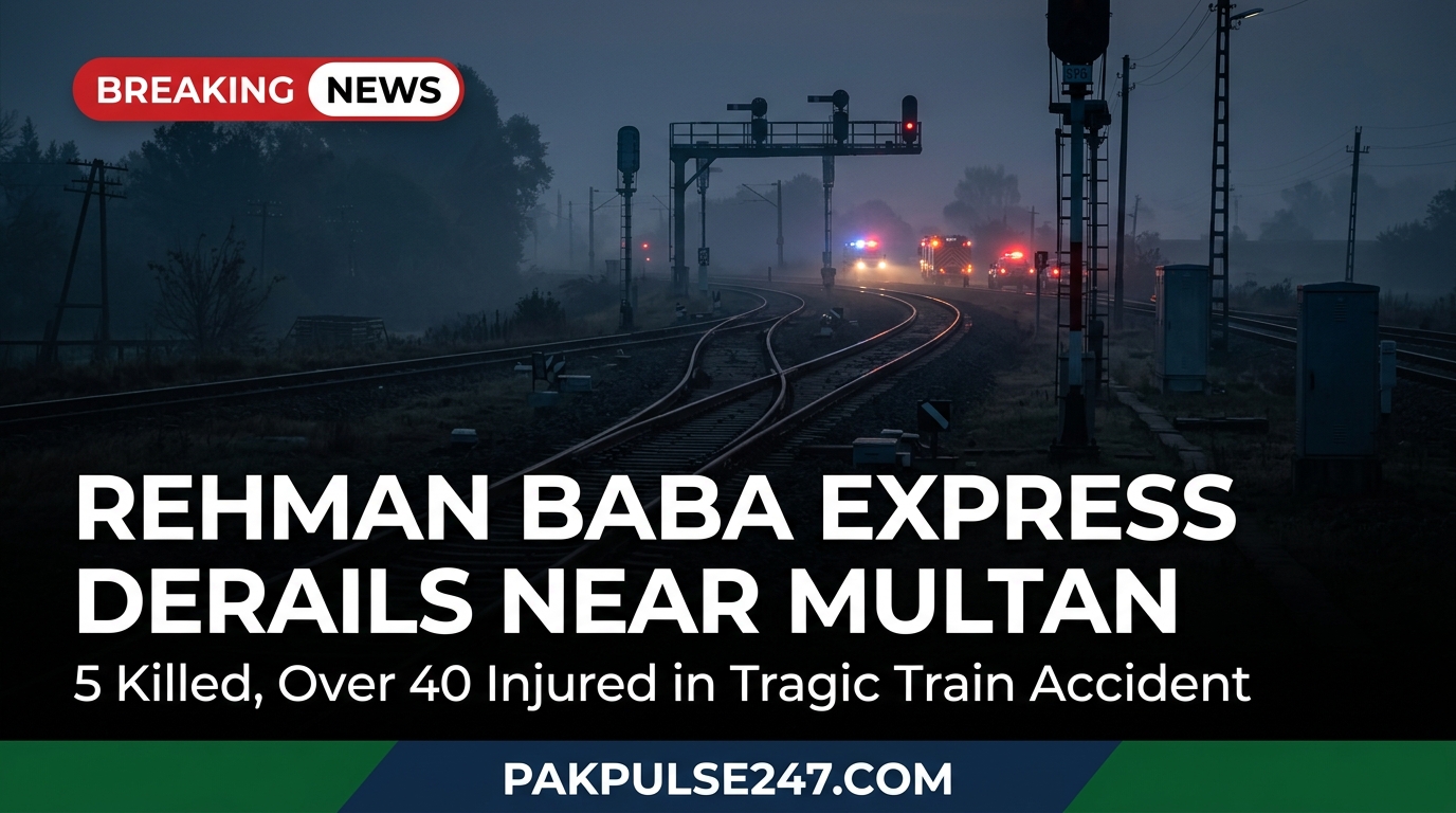 Editorial graphic showing dawn railway tracks and rescue response in Multan with PAKPULSE247.COM breaking news branding on Rehman Baba Express derailment.