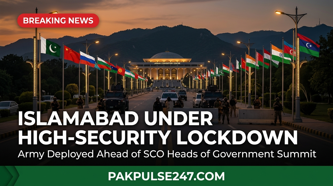 Editorial newsroom graphic showing Islamabad Constitution Avenue and Jinnah Convention Centre with SCO flags and PAKPULSE247.COM branding on security lockdown.