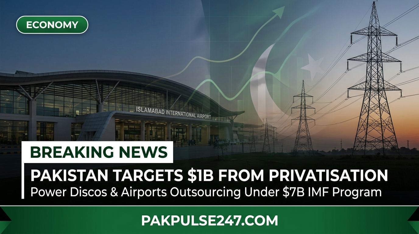 Editorial graphic showing Islamabad airport and electrical grid infrastructure with PAKPULSE247.COM branding on Pakistan privatisation of discos and airports under IMF program.