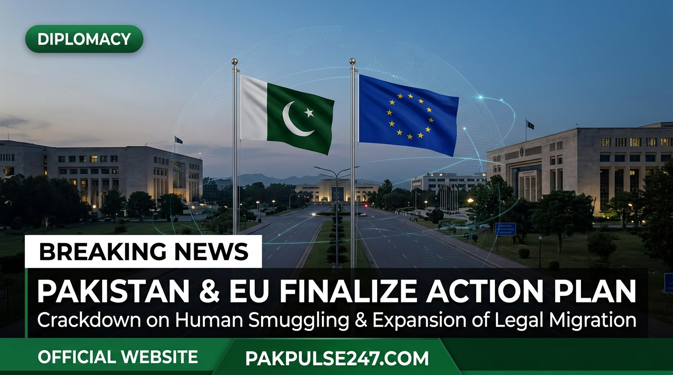 Editorial newsroom graphic showing Pakistan and European Union flags in Islamabad with PAKPULSE247.COM branding on anti-smuggling and migration accord.