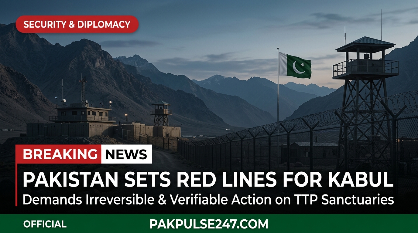 Editorial graphic showing high-security Pakistan border frontier and watchtowers with PAKPULSE247.COM branding on diplomatic red lines for Kabul regarding TTP sanctuaries.