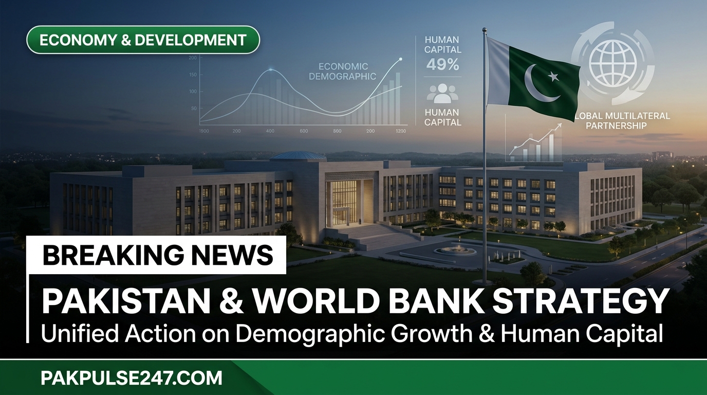 Editorial graphic showing institutional development complex and demographic indicators with PAKPULSE247.COM branding on Pakistan World Bank human capital strategy.